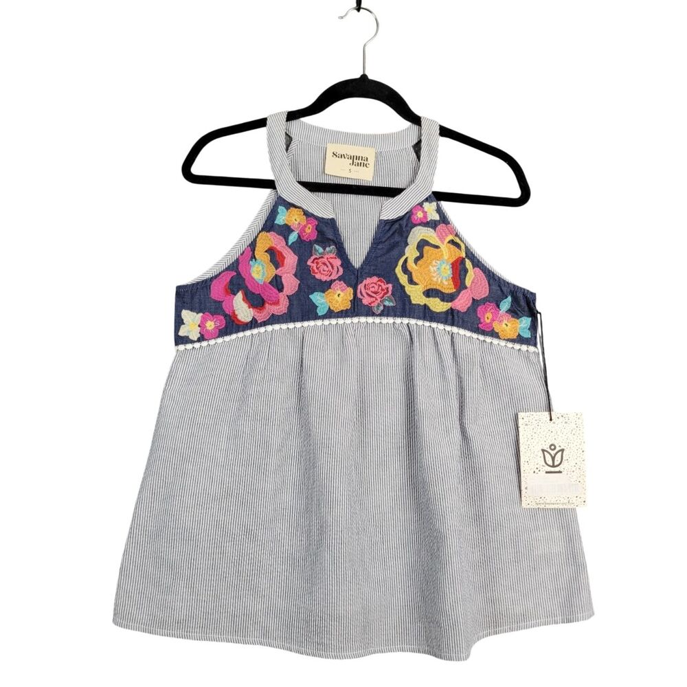 NWT SAVANNA JANE Blue Striped Seersucker Floral Embroidered Tank Top SIZE SMALL